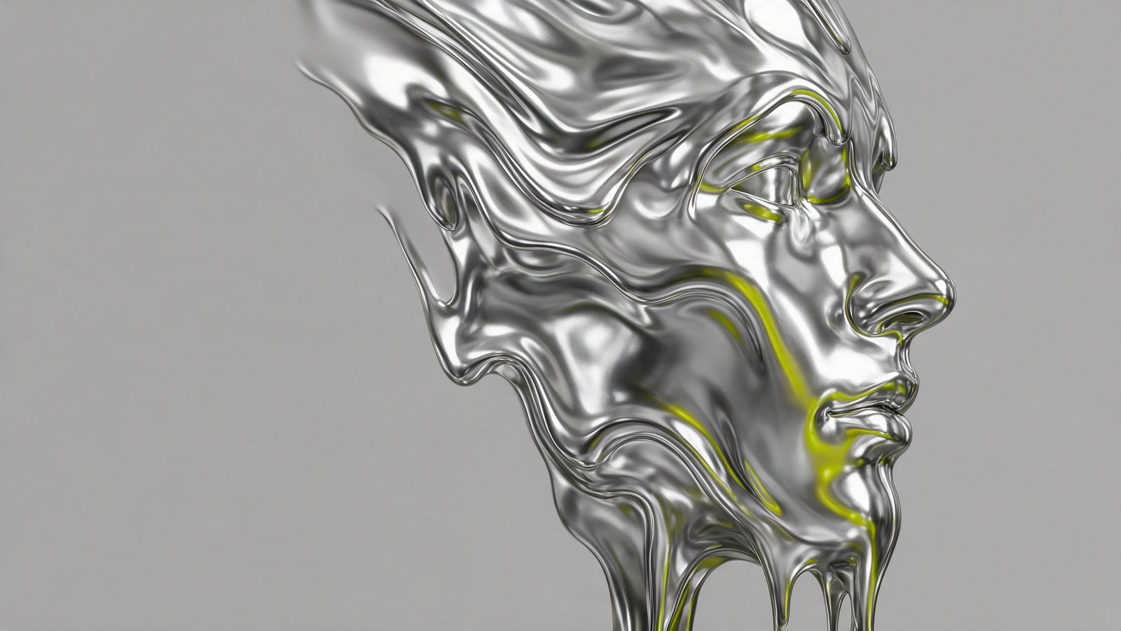Rostro de metal líquido cromado con reflejos verde lima